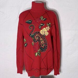 Vintage Herman Geist Ramie Cotton Hand Embroidered Paisley Floral Mock Neck